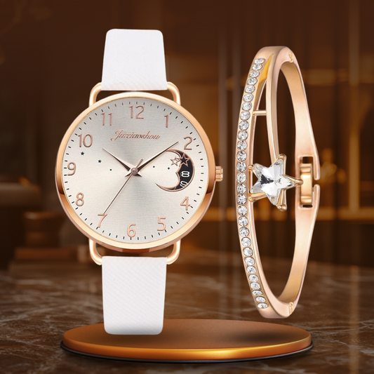 Moon Numbers Dial Watch and Bracelets Set